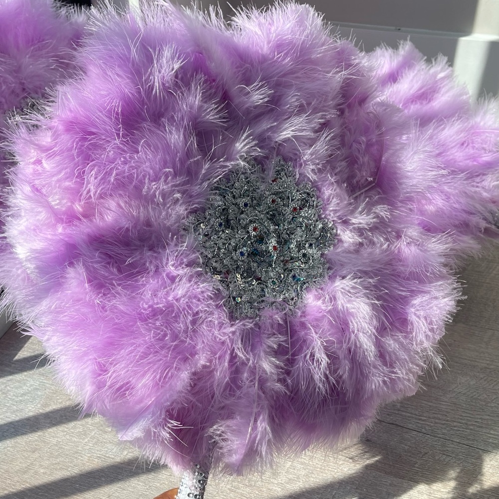Mardi-Gras Lavender Feather Fan with Silver Rhinestones and Beading - single